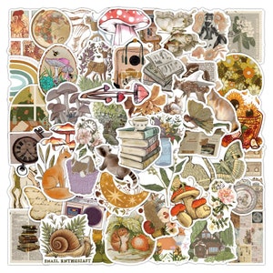 Kit de 50 autocollants imperméables vintage, champignon, forêt, animaux, fées et fleurs, décoration et scrapbooking,