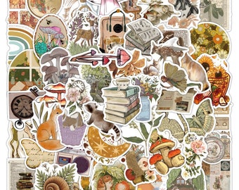 Kit of 50 vintage waterproof stickers, mushroom, forest, animals, fairies and flowers, decoration and scrapbooking,