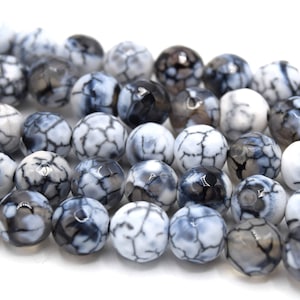 8mm black and white dragon vein fire agate beads with round facets - lot 20/40 units