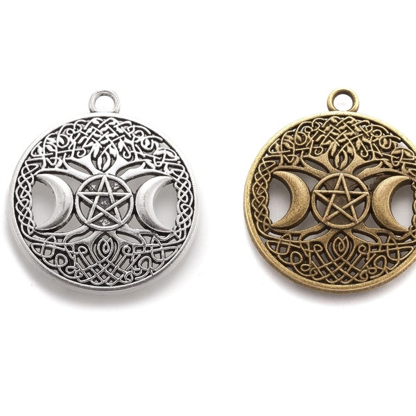 Pendentifs déesse triple lune pentacle bronze, argent, or antique, bijoux païens Lot de 2/6 unités