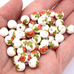 8mm red flower printed porcelain beads - Pack of 5/10 units