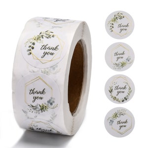 Etiquettes autocollantes rondes merci fleurs blanc, préparation paquet cadeau, emballage cadeau,sachet mariage rouleau de 500 autocollants
