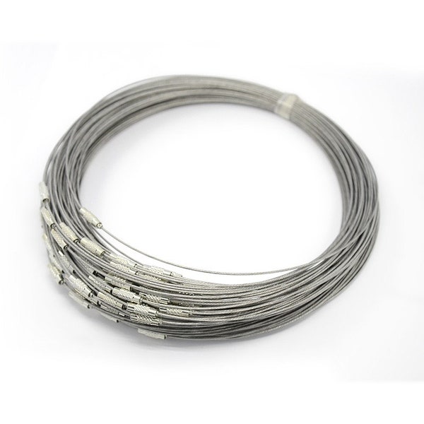 5 Colliers câble en acier inoxydable 201 pour les bijoux DIY  fermoir à vis, couleur d'argent, ~45 cm (17.5 pouce).