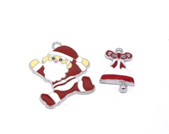 2 Christmas charms enamel Santa Claus, red and white bell - DIY jewelry and creative activity