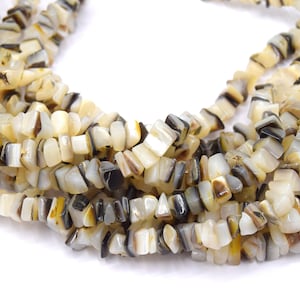 Può includere: Una collana di perline di conchiglia bianche, nere e marroni. Le perline sono di forma irregolare e hanno un aspetto naturale e organico.