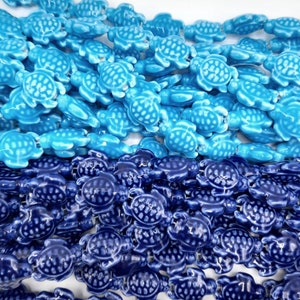 Blue enameled porcelain turtle beads two models - Set of 4 beads
