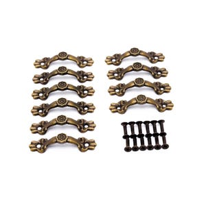 Set of 10 Bronze Floral Decoration Handles for DIY Jewelry Boxes - Vintage Hardware with Screws Included