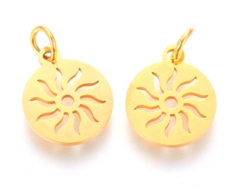 2 Golden sun medal pendants in stainless steel
