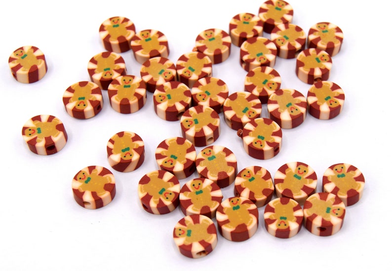 Round flat polymer clay beads with Christmas gingerbread man Lot of 20/50 units image 6