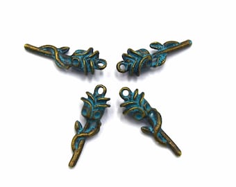 Flowers metal bronze turquoise pendants/pink charms 27mm Per batch of 5/10/15/20 units