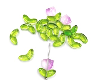 20 Glazed tulip beads, pink, pink, yellow, purple and green leaves