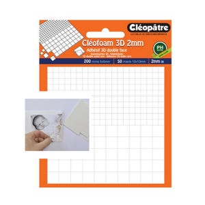 Cléofoam 3D Mousse en 2mm adhésifs Double Face, Colle, Transparent, Carré de 2 mm d'épaisseur