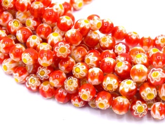 Lot de perles de verre millefiori rondes couleur rouge et jaune 8mm  - Lot de 20/40 unités