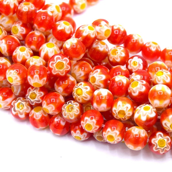 Lot de perles de verre millefiori rondes couleur rouge et jaune 8mm  - Lot de 20/40 unités