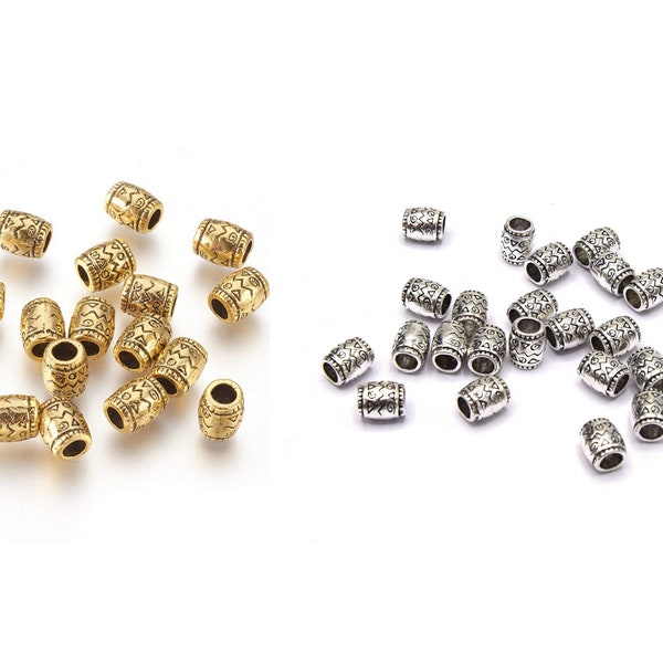 Perles métal doré ou argenté de style tibétain colonne 6.5 mm - 40 unités