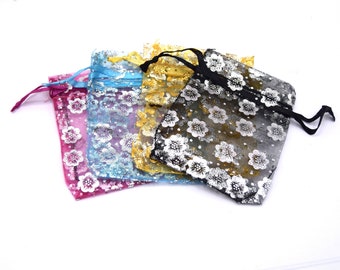 Sachets organza fleurs couleur mixte ,Pochette bijoux ,sac cadeau,  sac à personnalisés, bourse mariage,  9x7mm - Lot de 10 unités