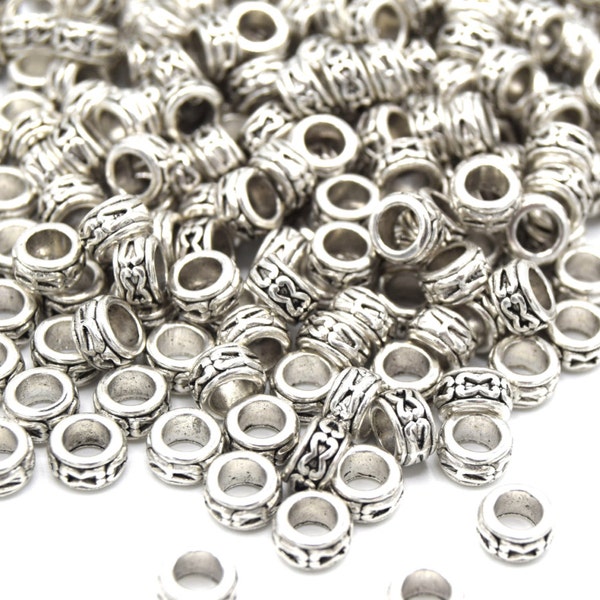 Perles rondelles en Argent tibétain Ø 7mm, grand trou, Par lots de 20 /50 unités