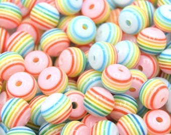 50 8mm resin beads with pastel rainbow stripes