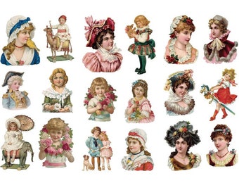 set of 3 sheets of 6 stickers for scrapbooking, portraits of vintage women and children, colored,