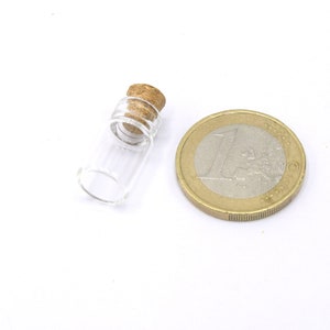 May include: A small, clear glass bottle with a cork stopper. The bottle is about the size of a US one-euro coin.