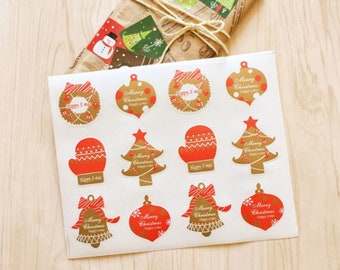 12 self-adhesive labels of vintage red and gold Christmas characters, mixed flat shape