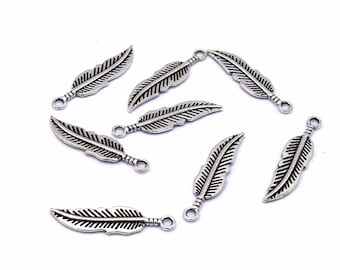 Shiny antique silver feather charms 30mm Lot of 20/50 units