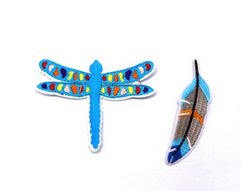 x2 Ecussons patch thermocollant libellule et plume bleu