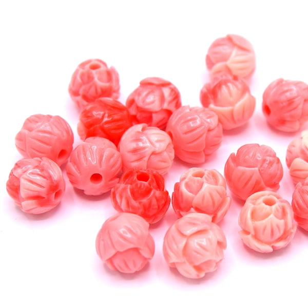 Perles fleur de lotus en corail synthétique clair rosé 2 tons 8mm -  Lot de 5/10 unités