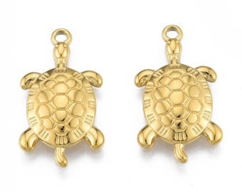 2 Pendentifs tortue en acier inoxydable 304 plaqué or 18K