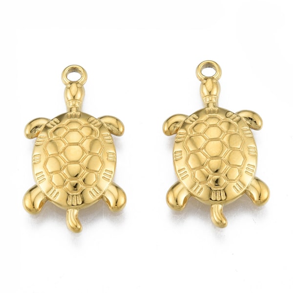 2 Pendentifs tortue en acier inoxydable 304 plaqué or 18K