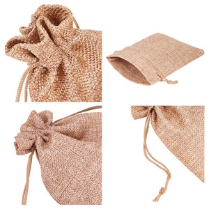 May include: Four images of a small, brown burlap drawstring bag. The bag is made of natural burlap fabric and has a drawstring closure. The bag is shown from different angles, including the inside of the bag.