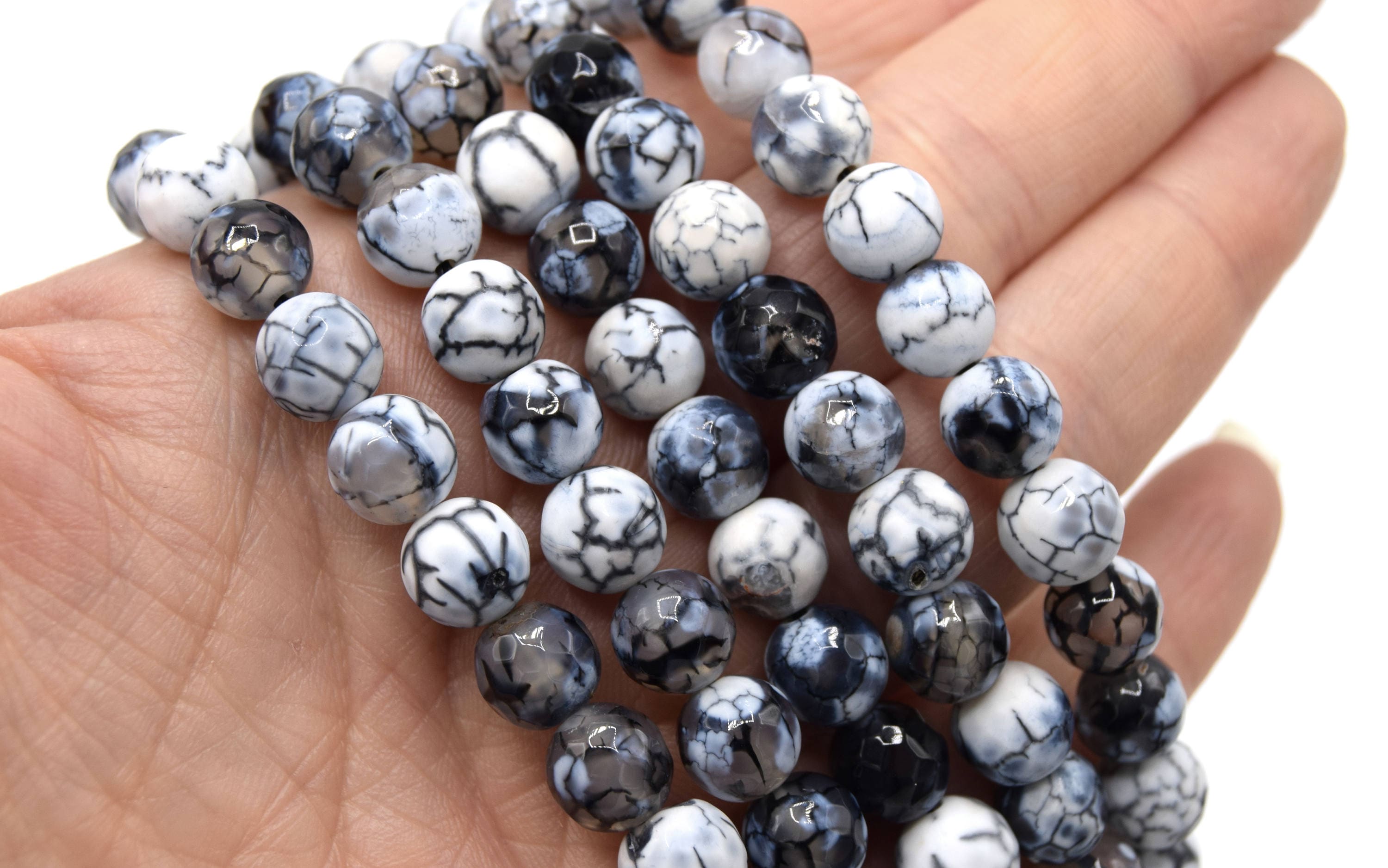 Lot De 10 Perles En Agate Dragon Vein 10mm - Gris Et Noir Craquelé - Neuf - Fabriqué En France