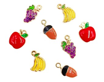 Fruit charms in gold metal and enamel banana, apple, grape, acorn - Set of 6 units or 8 mixed