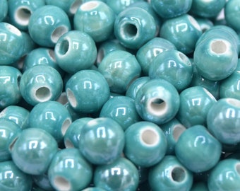 Lot De 100 Perles En Céramique Porcelaine 6mm - Couleur Bleu Turquoise Irisé - Neuf