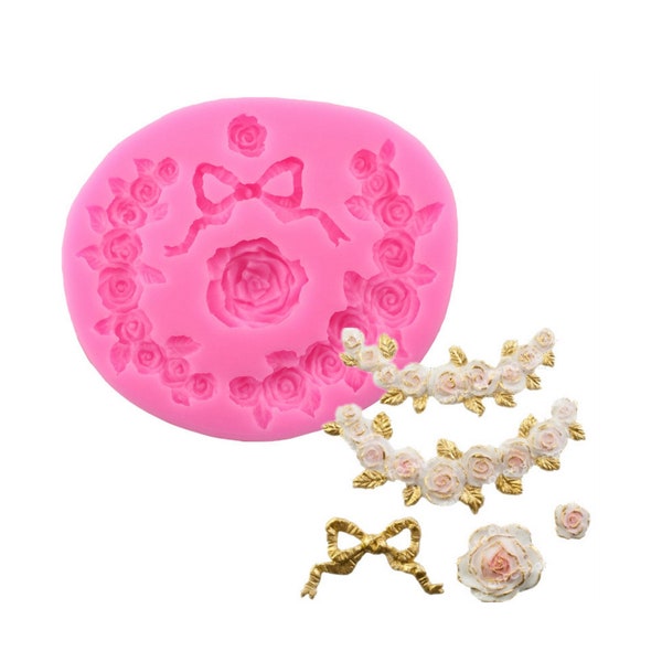 Moule Souple en Silicone fleurs et couronne de rose avec noeud, décoration en résine et polymère X1