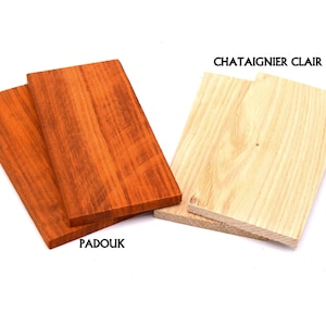 x10 Drewniane tabliczki do dekoracji i grawerowania 5,5 x 11,5 cm - wygładzone - gatunki drewna jasny kasztan polerowany i padauk