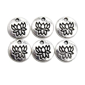Lot of 12mm silver alloy lotus flower round charms, lot of 20/50 units B45