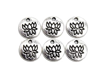 Lot of 12mm silver alloy lotus flower round charms, lot of 20/50 units B45