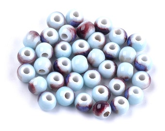 Perles en porcelaine émaillées rondes couleurs rose ou bleu 6mm~7mm- Lot de 20 unités