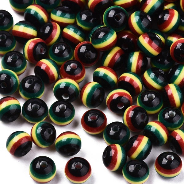 Perles de résine ghana jamaica reggae , ronde, colorées, 8mm - Lot de 40 unités