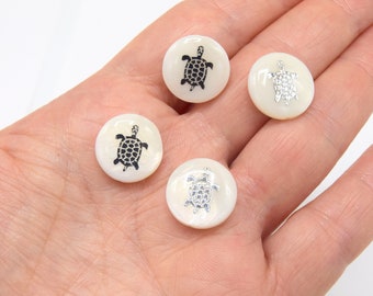 Natural Freshwater Shell Beads Flat Round Ø15mm Turtle Image, Starfish for Jewelry Making, Pack of 5/10 Units