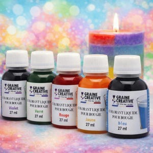 May include: Five bottles of liquid candle dye in violet, green, red, orange, and blue, each labeled with the brand "Graine Creative" and the volume of 27 ml. A lit, multi-colored candle is in the background.
