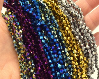 Lot of 6 rosaries or 2 strands of colored beads with Faceted Glass spinning top AB rainbow/blue/purple/gold/green/silver Ø4mm