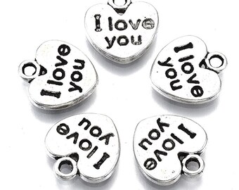 20 breloques Coeurs I love you  métal Argent Tibétain 11mm