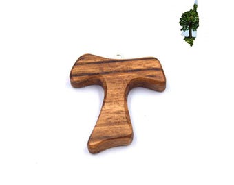 Handcrafted chestnut wood Tau cross pendant with eyelet attachment, 4cm