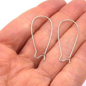 Könnte beinhalten: Zwei silberne Ohrhaken, auch Ohrdrähte genannt, werden auf einer Hand gezeigt. Die Haken sind aus Metall und haben ein schlichtes, klassisches Design.