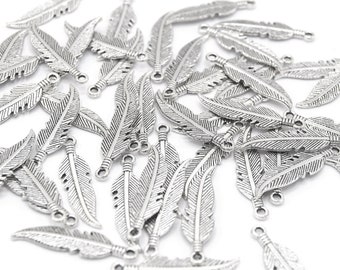 Shiny Silver Feather Charms 27x6mm Lot of 20/50 units B02