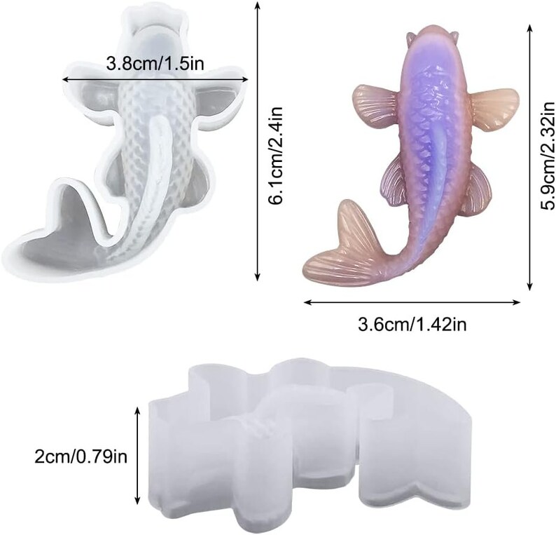 K&ouml;nnte beinhalten: Zwei Silikonformen zum Herstellen von Fisch aus Harz. Eine Form ist eine einzelne Fischform, die andere ist eine Form f&uuml;r zwei kleinere Fische. Die Formen sind wei&szlig; und messen 15,5 cm x 9,7 cm und 5 cm x 9,1 cm.