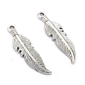 Shiny Silver Feather Charms 27x6mm Lot of 20/50 units B02 image 3