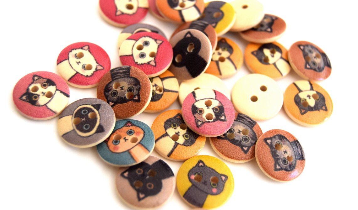 Lot De 10 Boutons Bois Chat Bébé - 22x25mm, Pour Couture, Scrapbooking, Mercerie